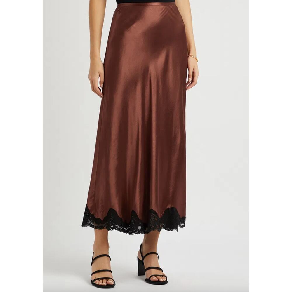 Rixo Crystal Lace-Trimmed Satin Midi Skirt